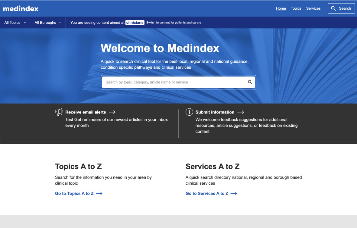 A Medindex platform showing information for clinicians