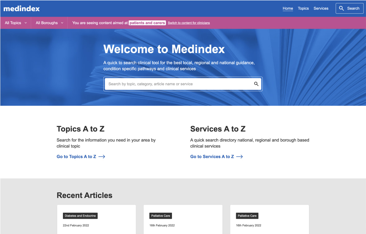 A Medindex platform showing information for patients and carers